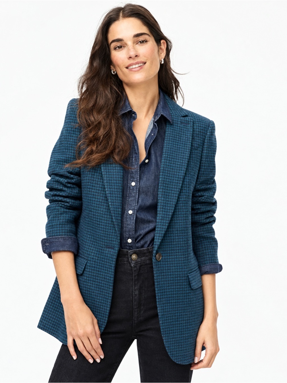 J. Crew Factory women’s blue plaid wool
Blend blazer size 8 academia preppy